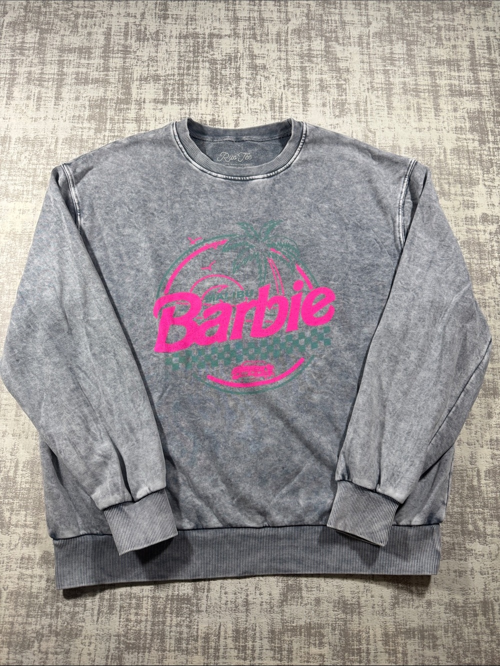 Barbie Rus-tee Vintage-Inspired Crewneck Sweatshirt Gray Pink Logo 26.5X24 sz L